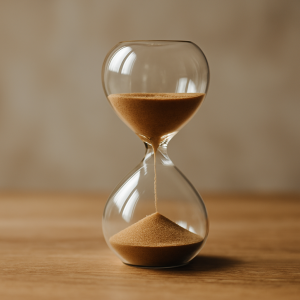 Classic hourglass with golden-brown sand flowing through clear glass, resting on a wooden surface with a warm, neutral background, symbolizing patience and the passage of time.