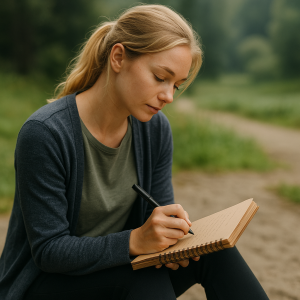 Blonde woman with a ponytail sits outdoors on a dirt path, writing in a kraft paper notebook, surrounded by greenery and soft sunlight, reflecting a calm, self-care moment.