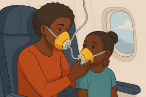 Illustration of an African American woman seated on an airplane, calmly securing an oxygen mask on a young girl sitting beside her. Both are wearing bright yellow oxygen masks, with the woman helping the child first after putting on her own mask, highlighting the importance of self-care before assisting others.