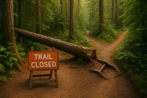Forest trail blocked by a large fallen tree and an orange ‘Trail Closed’ sign, with an alternate dirt path curving off to the right through lush green trees, symbolizing redirection and adaptability.
